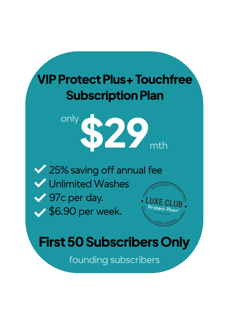 Promotional graphic for VIP Protect Plus+ Touchfree Subscription Plan at $29 per month, highlighting 25% savings, unlimited washes, 97 cents per day, $6.90 per week, and limited to first 50 founding subscribers, with a logo for Luxe Club 'Protect Plus+'.