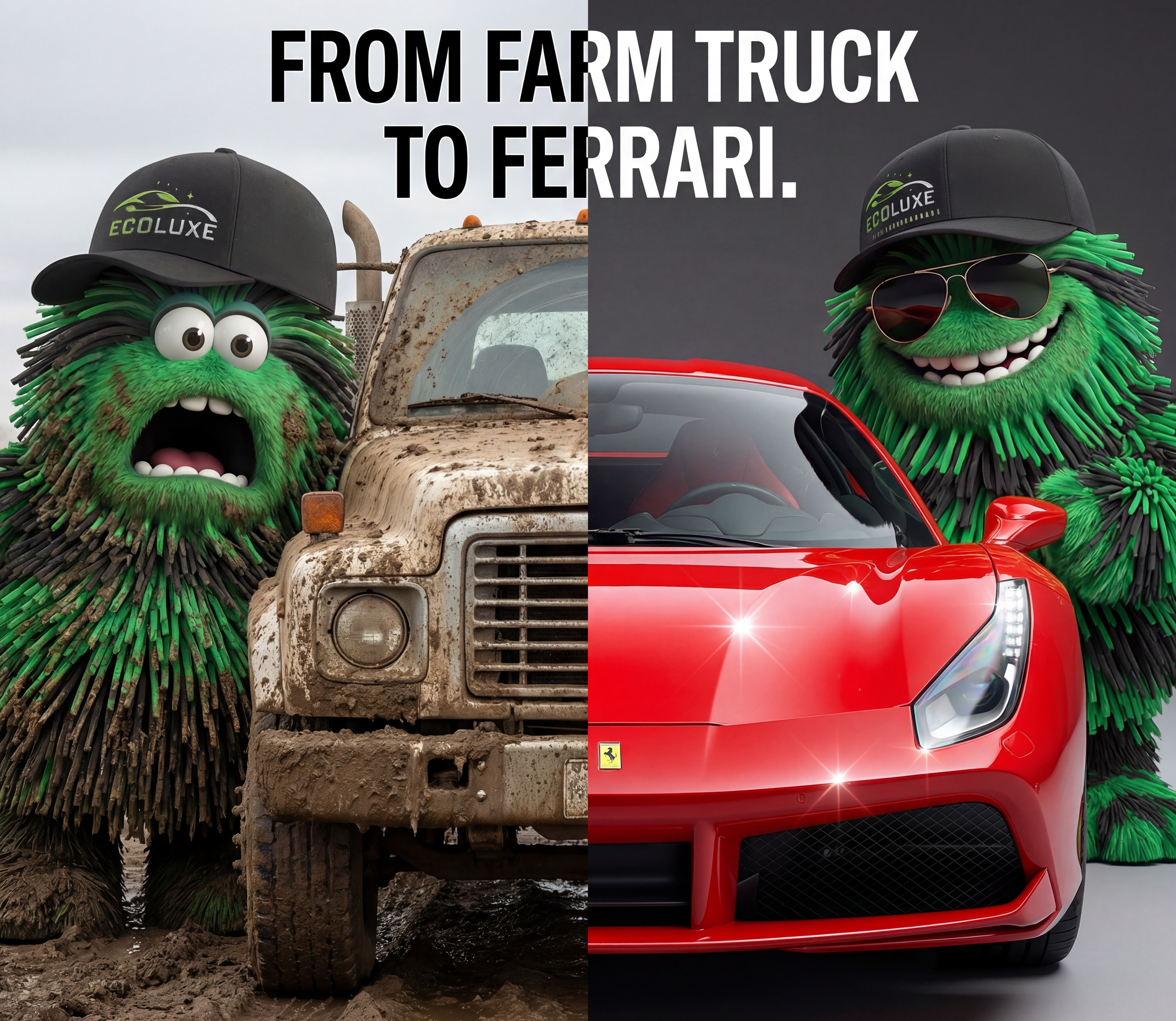 A split image with a character with green fur, large eyes, and a black cap on the left standing between a muddy farm truck and on the right beside a shiny red sports car, with the text 'From Farm Truck to Ferrari' at the top.