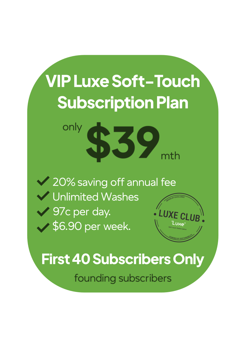 Green advertisement for VIP Luxe Soft-Touch Subscription Plan offering $39 monthly rate with benefits, for first 40 subscribers, with details about savings and features.