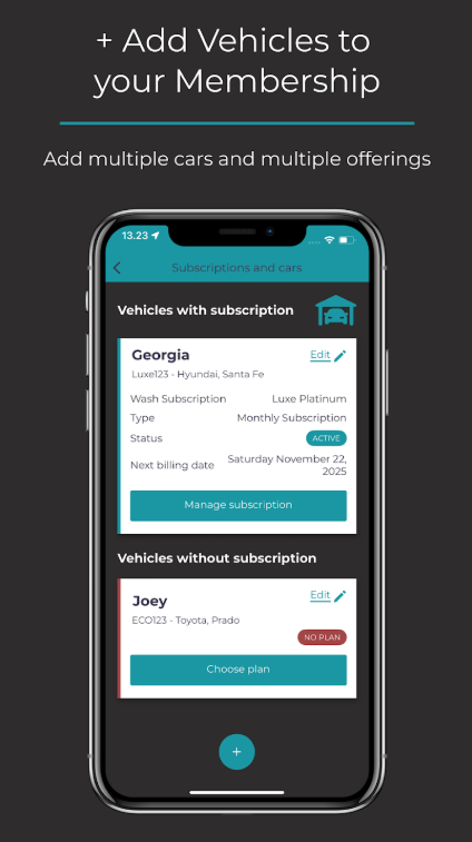 Mobile app screen showing options to add vehicles to a membership, with a section for vehicles with active subscription and another for vehicles without a subscription, including vehicle details and management buttons.