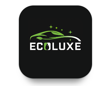 Ecoluxe logo with a stylized green car and sparkles on a black background