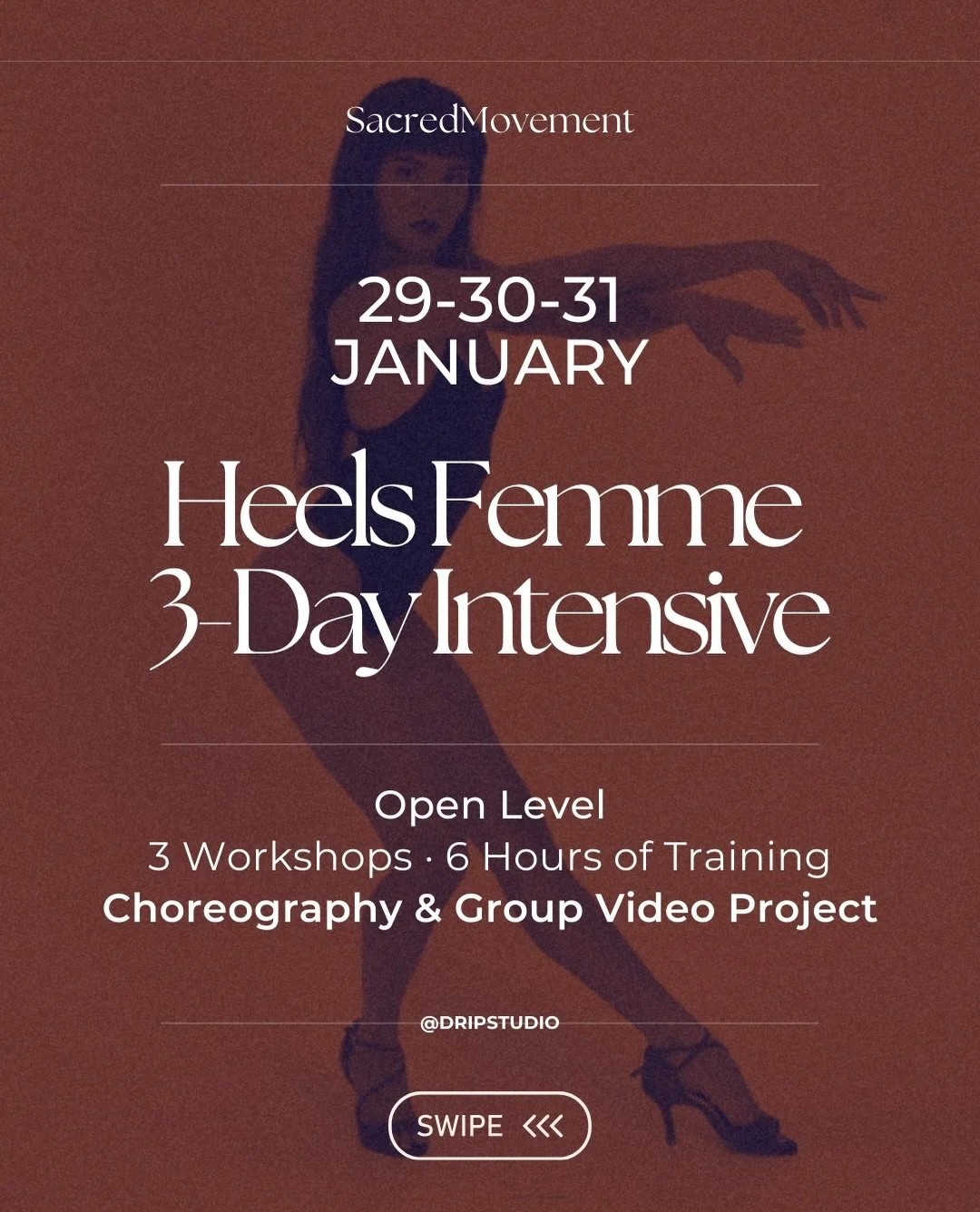 HEELS FEMME &mdash; 3-DAY INTENSIVE
29&ndash;30&ndash;31 January

An open-level heels intensive for dancers ready to move with clarity, intention, and presence.
Over three days, we&rsquo;ll work on group choreography, synchronization, and performance
