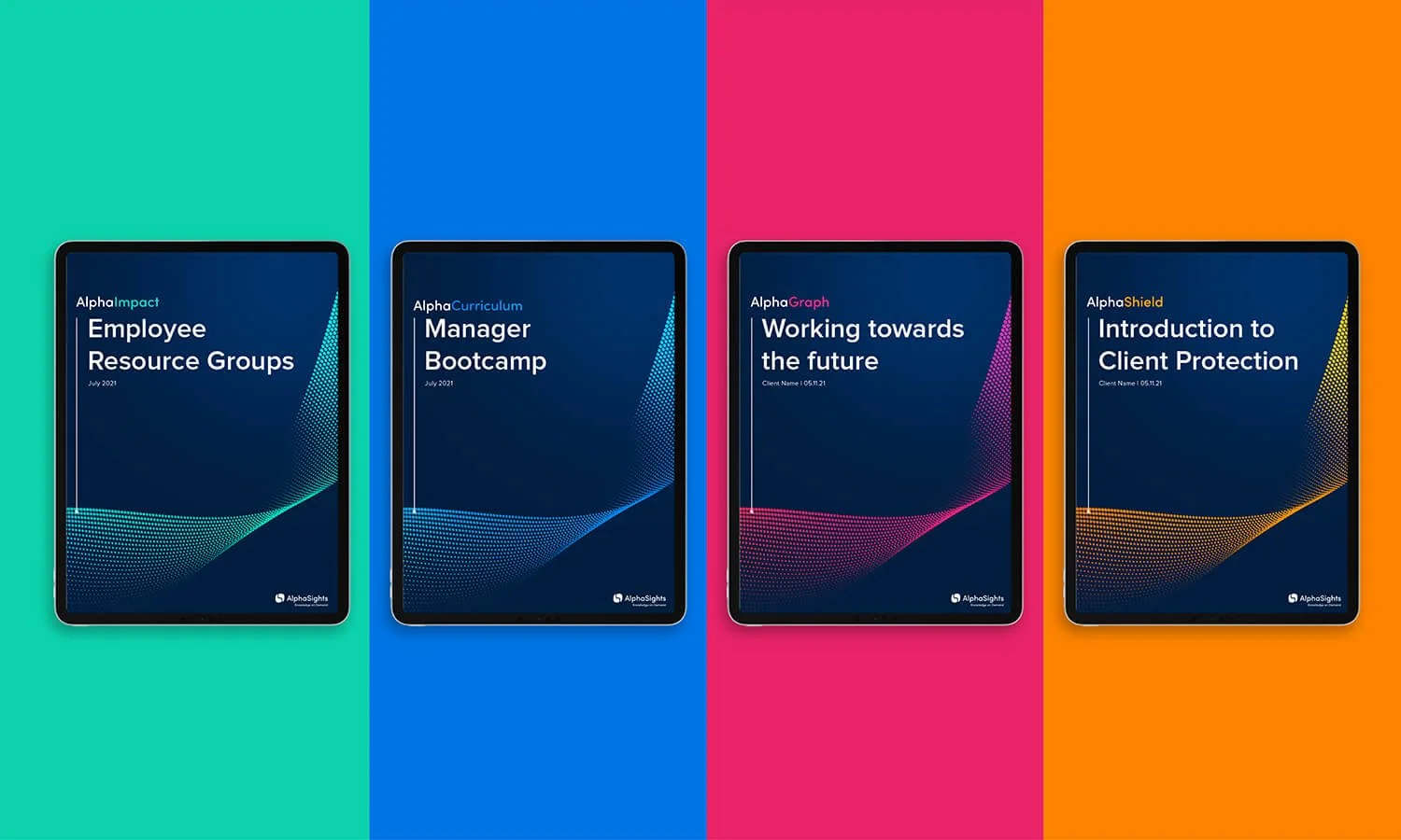 Four tablets with digital training modules displayed on screens, each placed against a background of different bright colors (teal, blue, pink, orange).