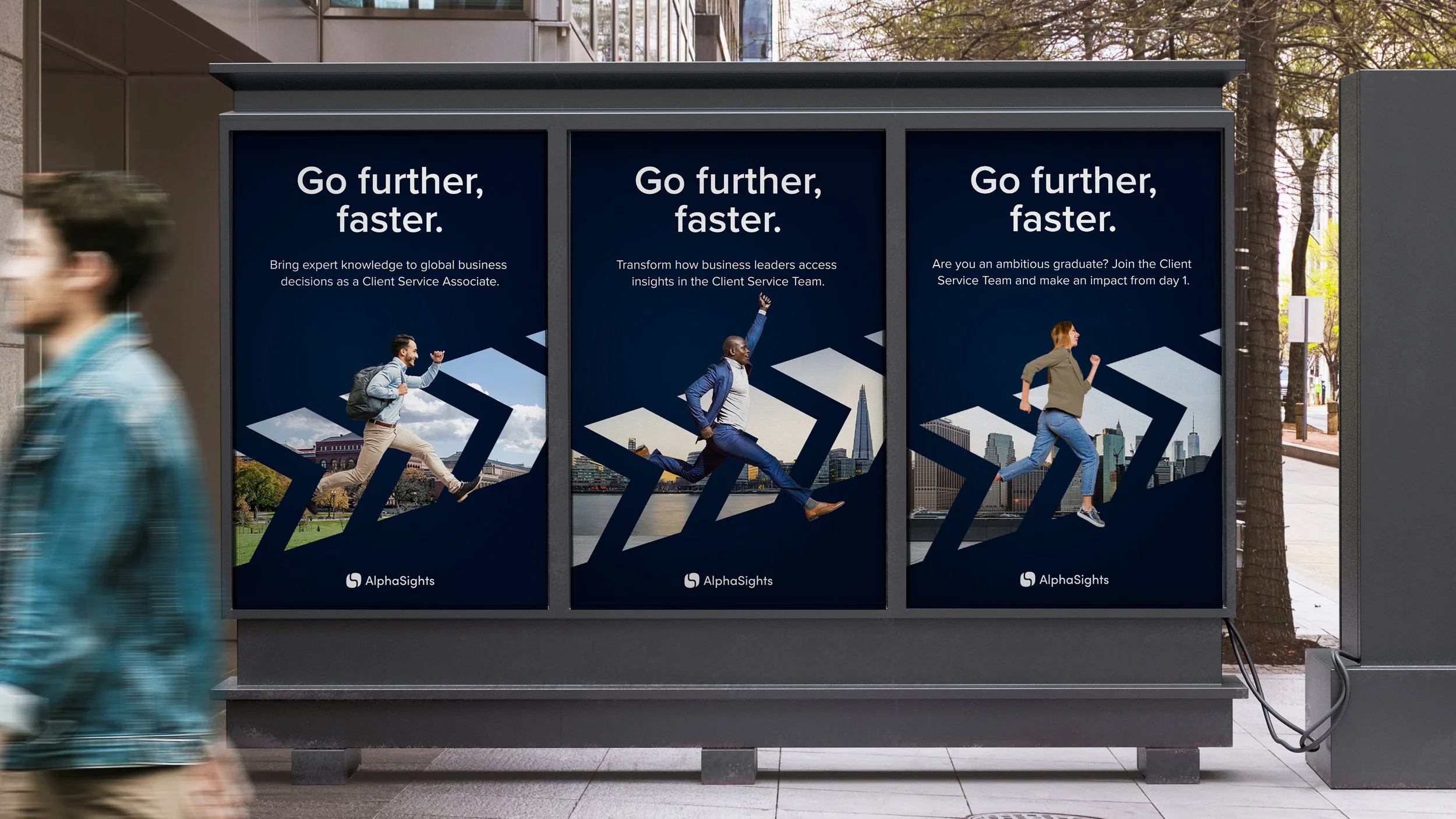 Three digital advertisements on an outdoor billboard featuring people jumping and running against cityscape backgrounds, promoting a career in client service at AlphaSights with slogans "Go further, faster."