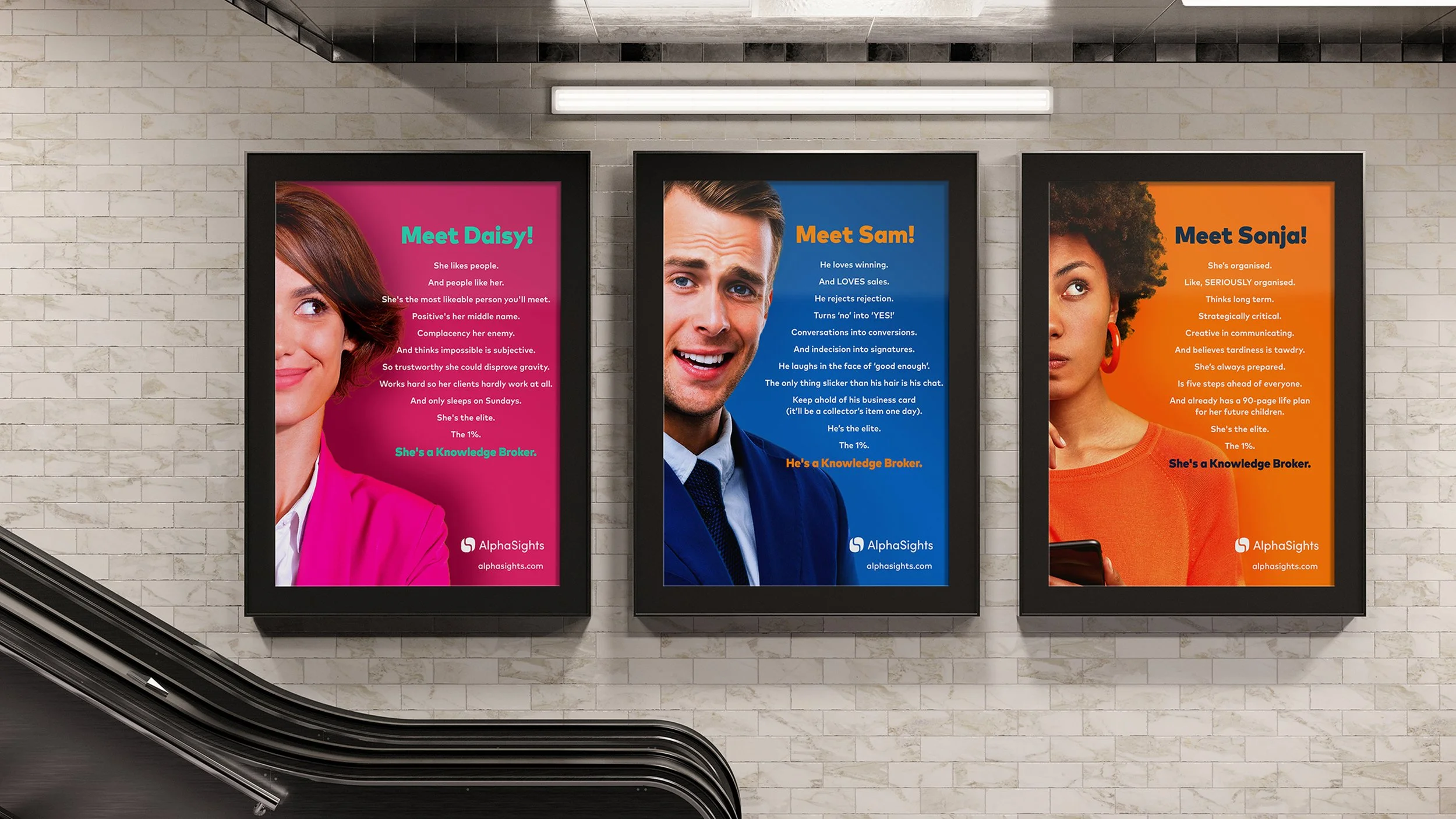 Three illuminated advertisement posters on a brick wall inside a building. The posters feature diverse individuals with descriptions and brand information for AlphaSights, with a pink, blue, and orange background.