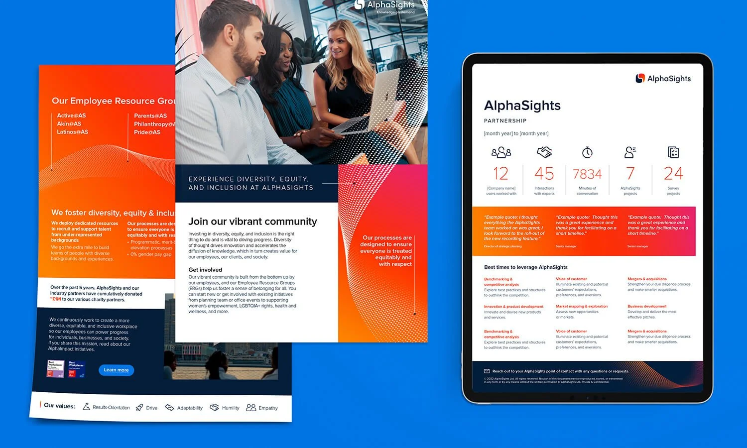 A brochure and a digital tablet displaying information about AlphaSights, highlighting company values, diversity, equity, inclusion, and partnership statistics with vibrant colors and images of diverse staff.