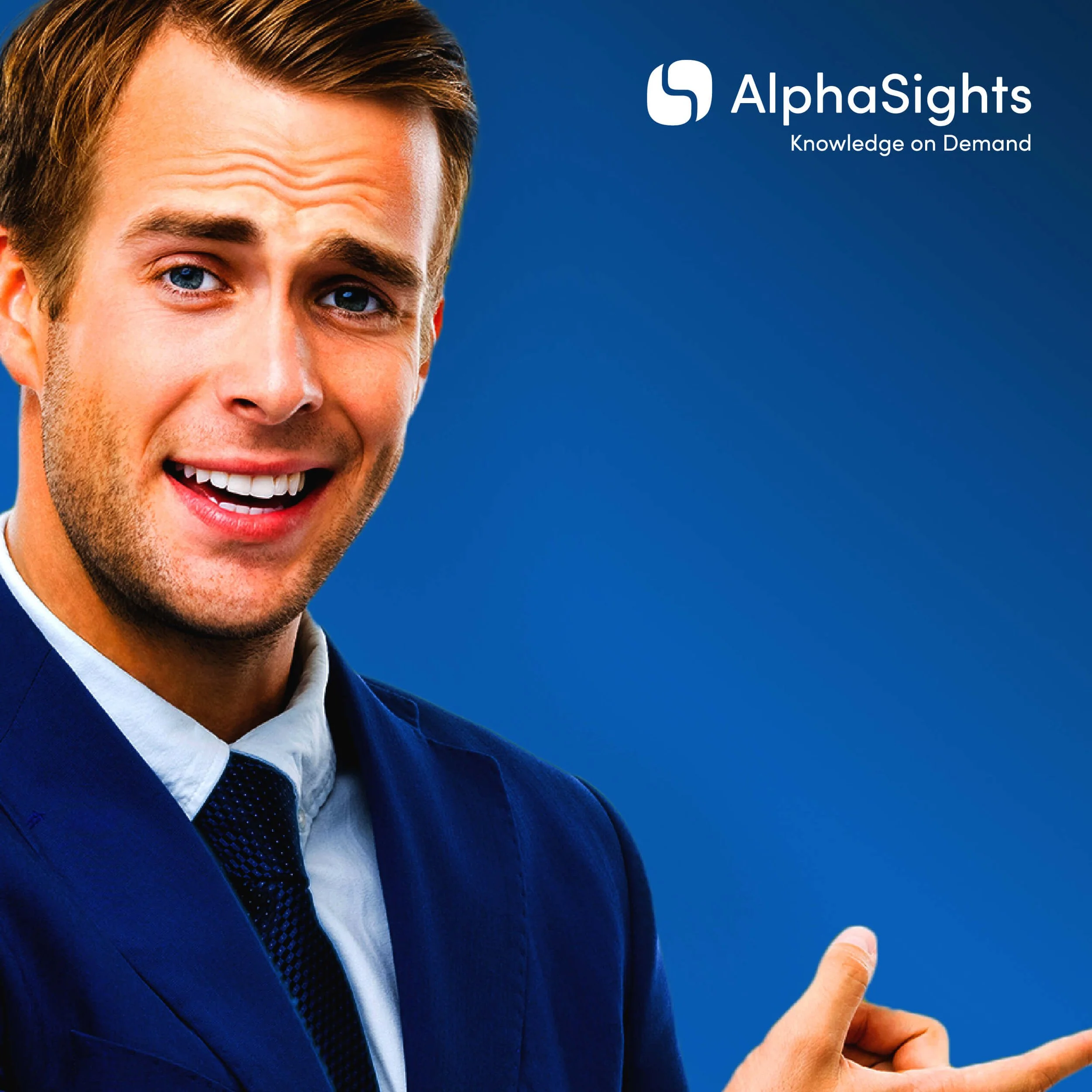 A young man in a suit smiling, pointing to the right with his thumb, next to the AlphaSights logo and the text 'Knowledge on Demand' on a blue background.