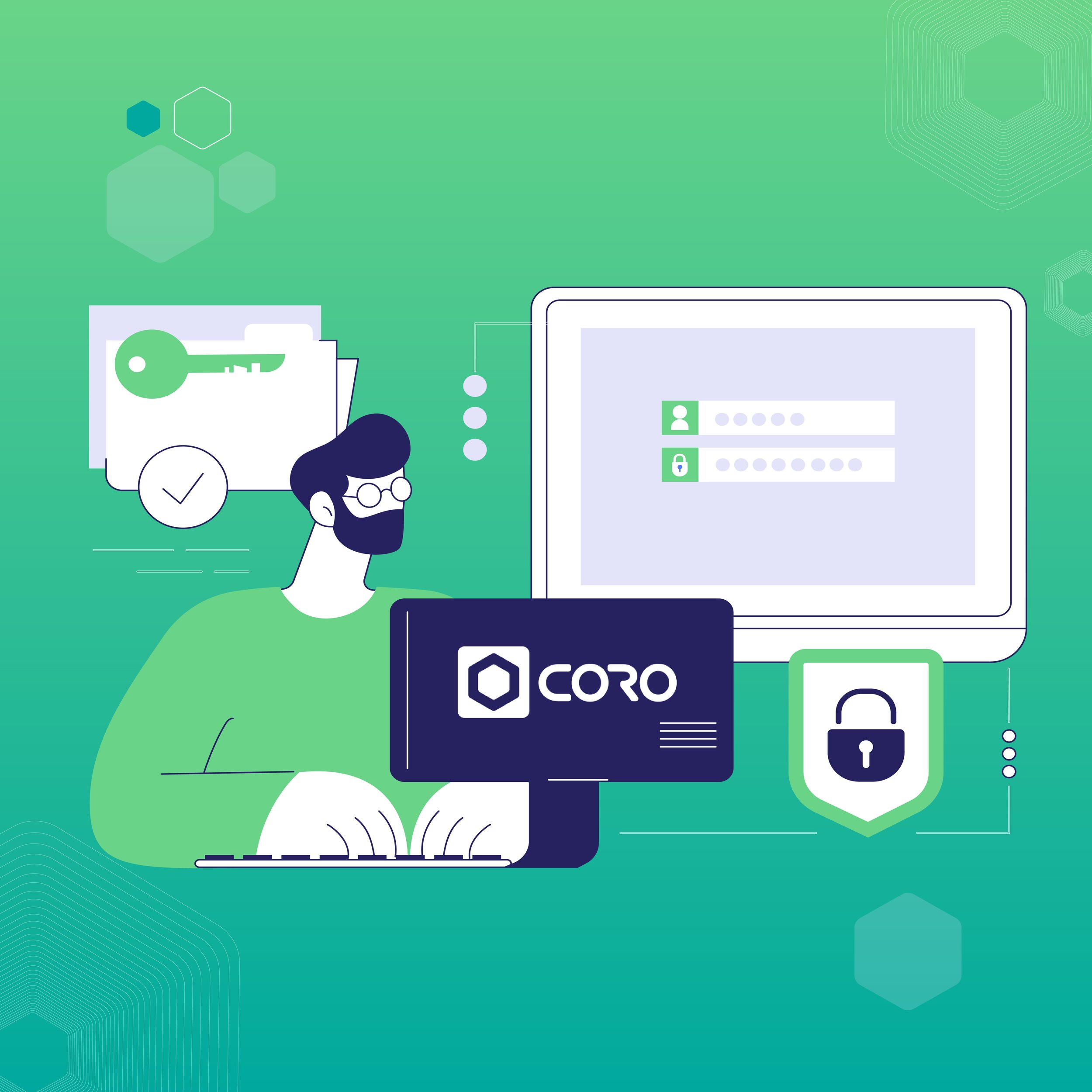 Digital illustration of a person with glasses and a beard working on a computer with a security theme. The background features hexagons and digital design elements. The computer screen displays login fields, with a shield icon featuring a lock. A card labeled "CORO" is in front of the computer, and additional icons include a key, a checkmark, and a lock symbol, representing cybersecurity.