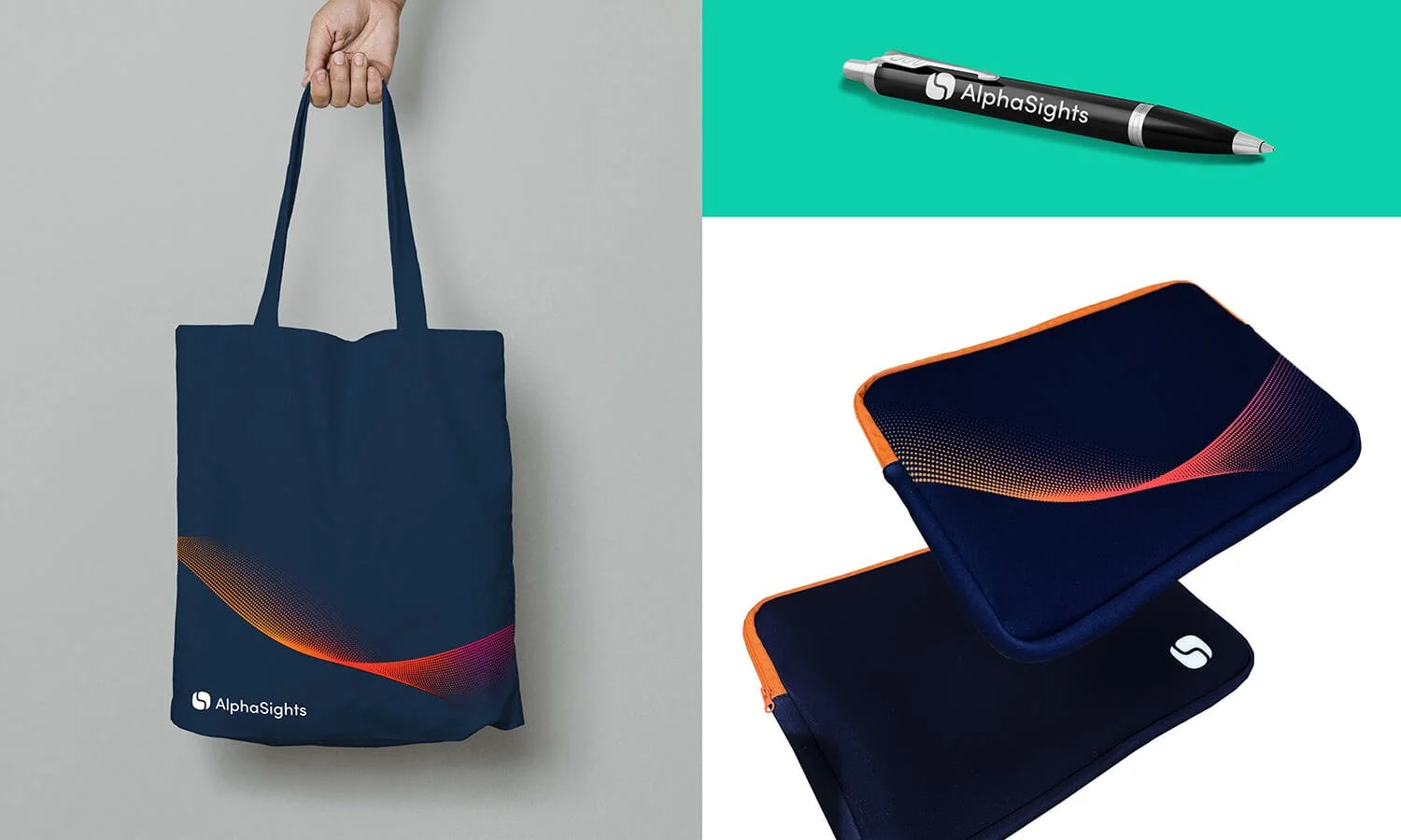 A navy blue tote bag with an orange and red gradient wave design and the 'AlphaSights' logo, shown with a matching zippered case and a black pen on a teal background.