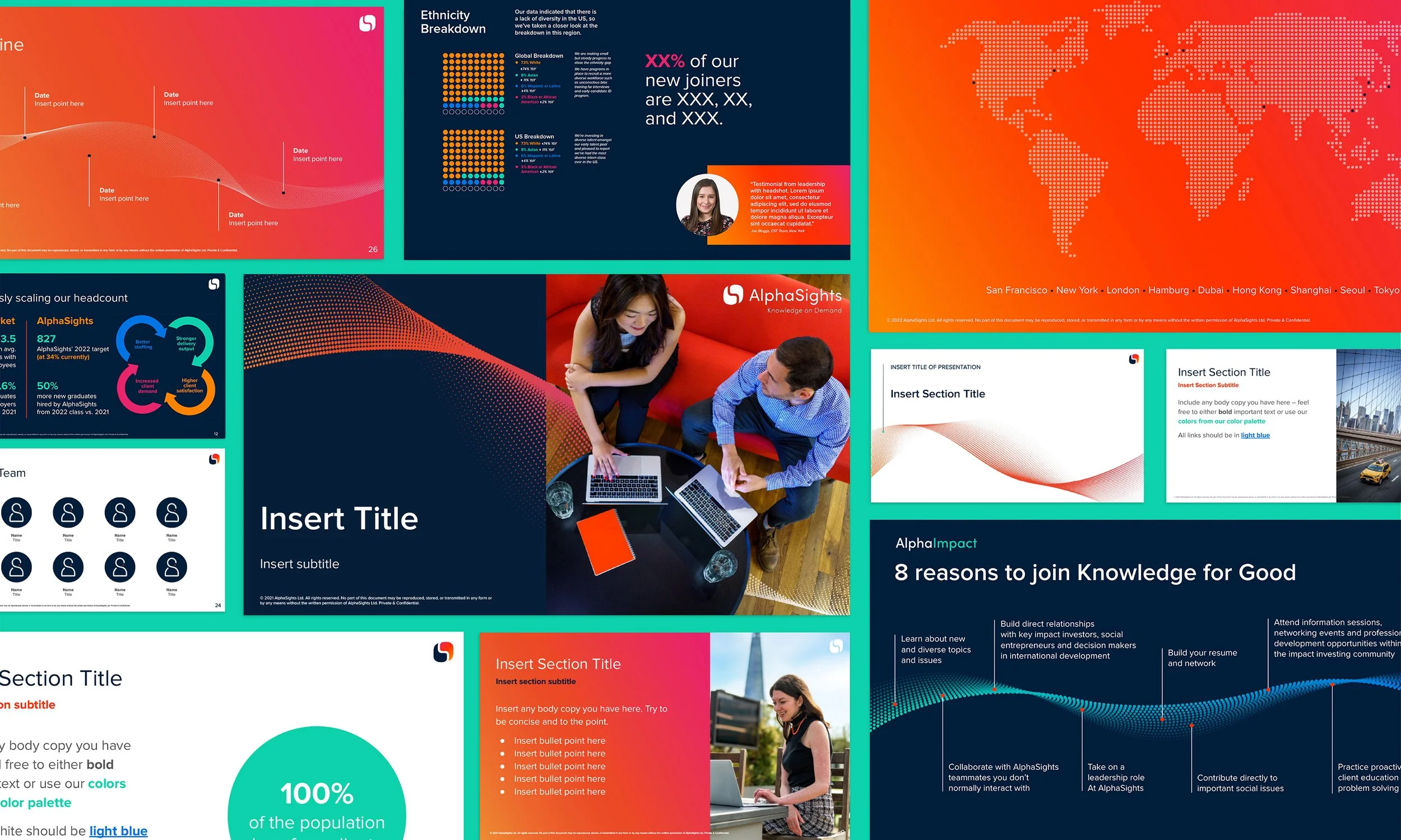 A collage of presentation slides featuring colorful graphics, maps, charts, and photos of people working together on laptops.