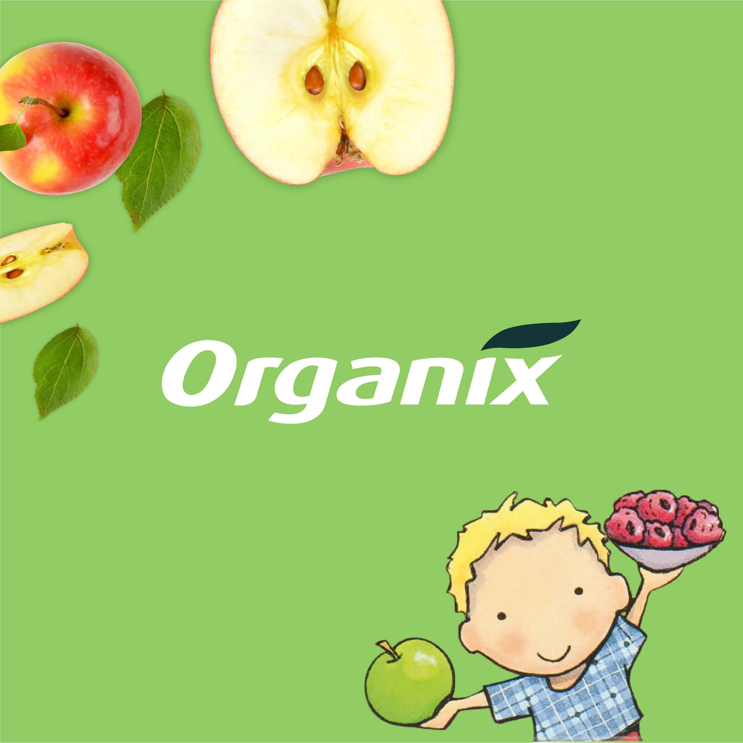 Organix Goodies Gang packaging design featuring the new 'Goodies Gang' character illustration by Caroline Jayne Church. A playful FMCG brand refresh designed to maximize shelf appeal in the organic baby food category.