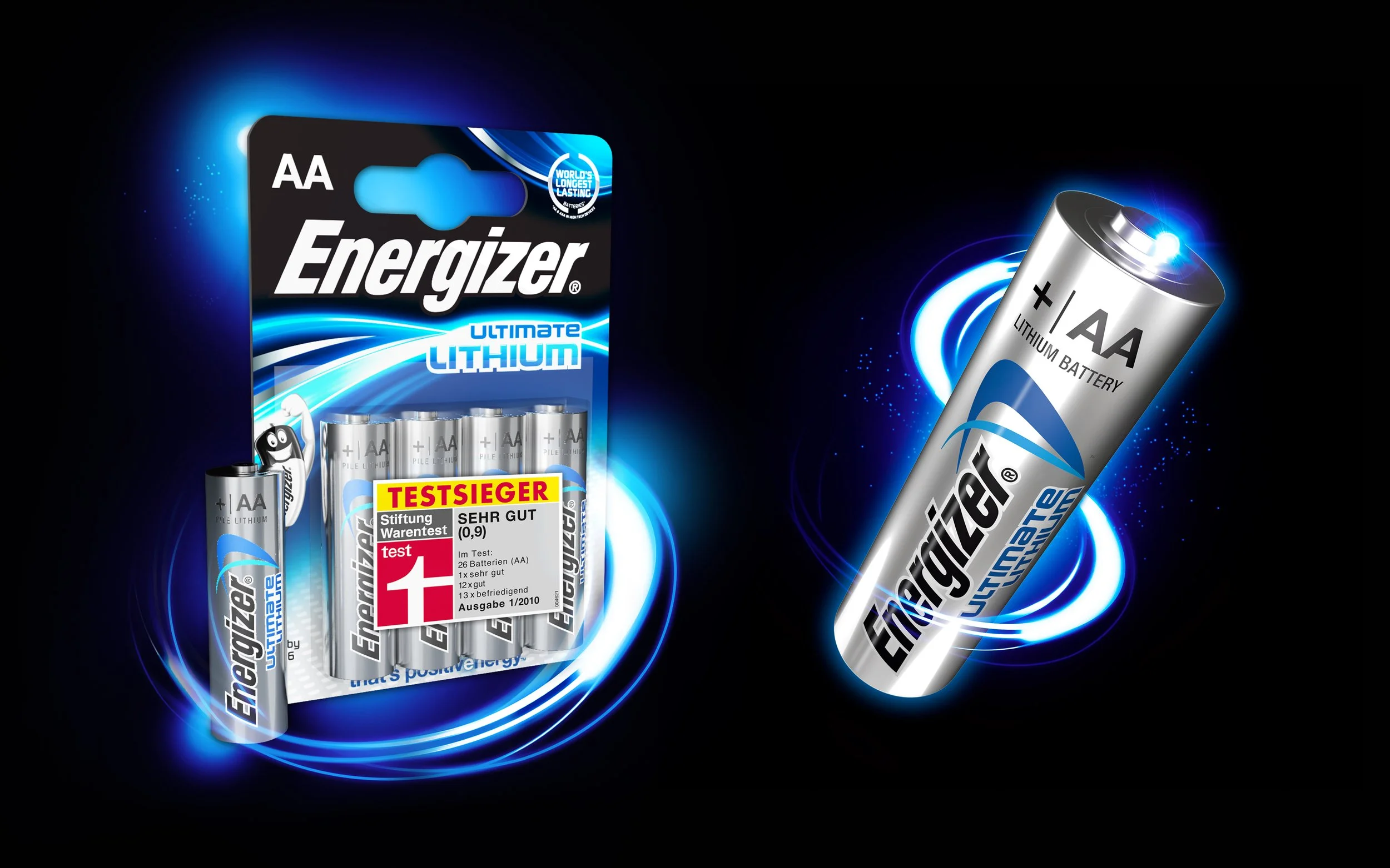 FMCG brand, Energizer Ultimate Lithium AA batteries with glowing blue energy trails, displayed on packaging and floating, against a black background. New designs for their new line of batteries and use on their website and POS in-store displays.