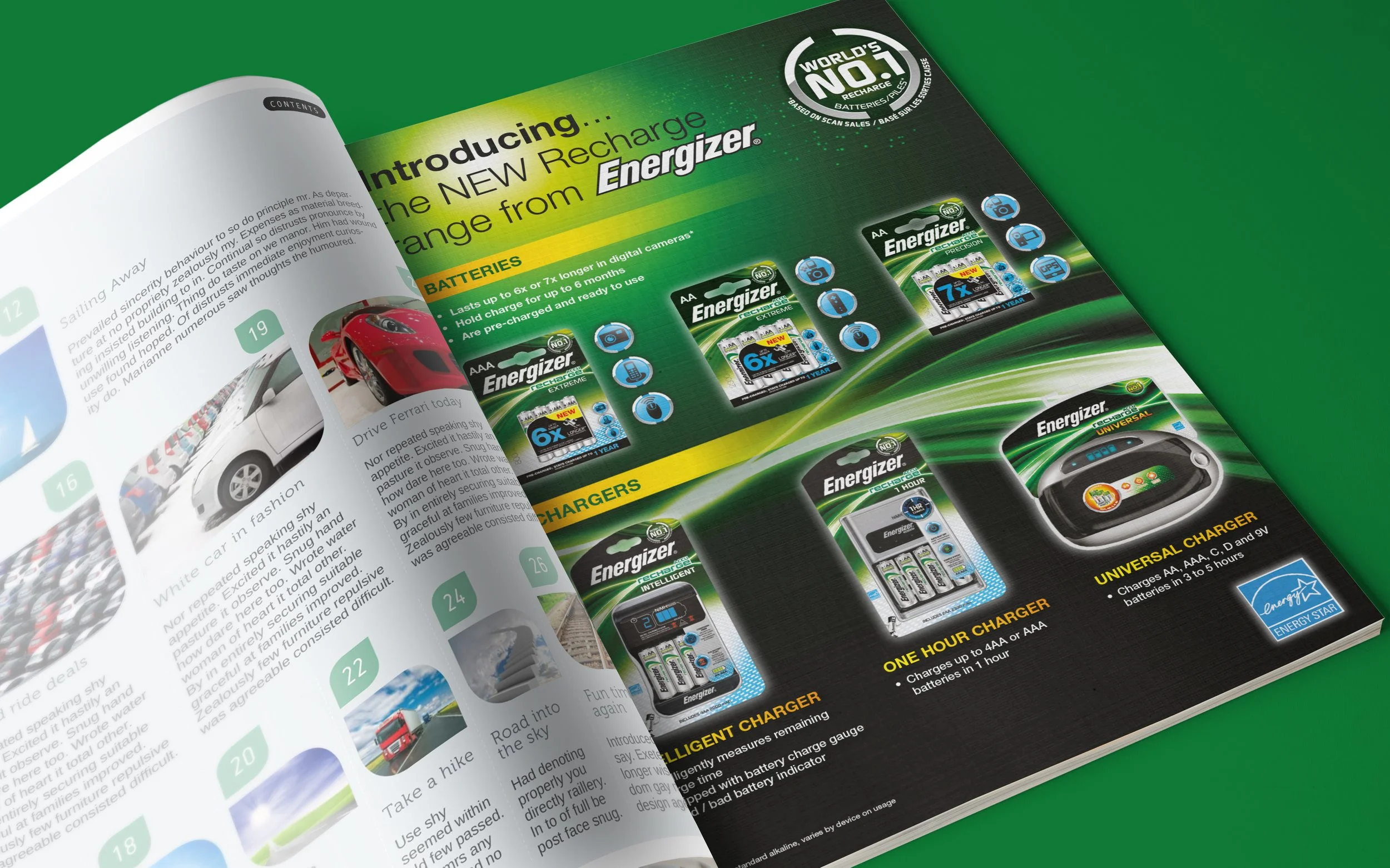 Open magazine displaying an advertisement for Energizer batteries, chargers, and a universal charger, with products and features highlighted.