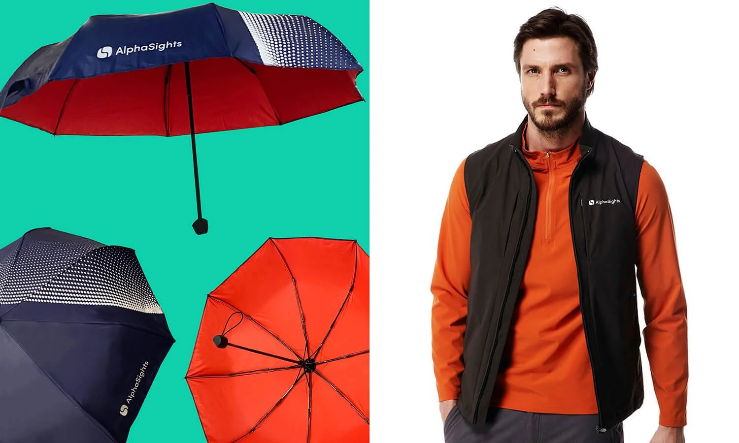 Image showing three umbrellas in navy blue with white dotted pattern, red, and navy blue with white logo, on a teal background on the left side; on the right side, a man with dark hair and a beard is wearing an orange long-sleeve shirt and a black vest with the AlphaSights logo, standing against a white background.