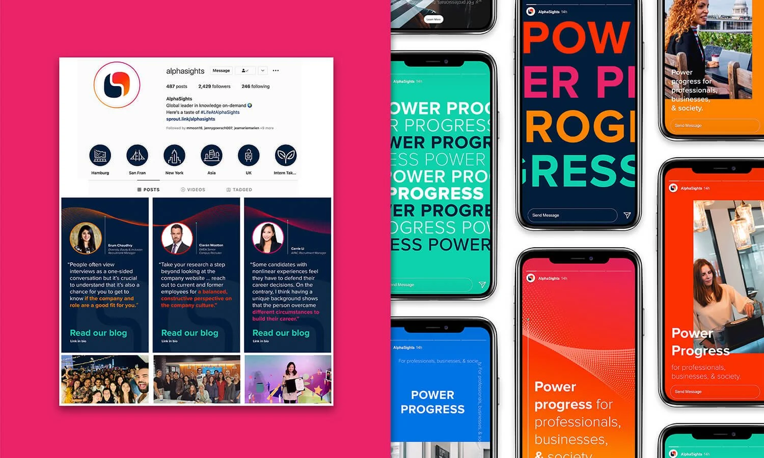 Composite image showing a social media profile on the left side with posts, and on the right side multiple smartphones displaying colorful slides with the words "Power Progress" and related text.