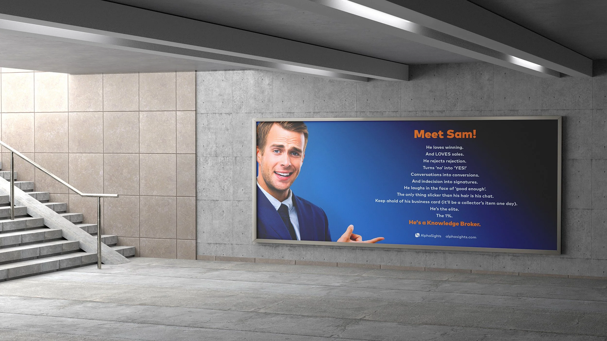 A large advertisement featuring a man in a suit, smiling and pointing. The text on the ad introduces Sam as a knowledgeable sales broker, emphasizing his love for winning, rejection, and turning 'no' into 'yes'. It highlights his ability to convert conversations into agreements with a humorous note about his hair and business card. The ad is for AlphaSights.