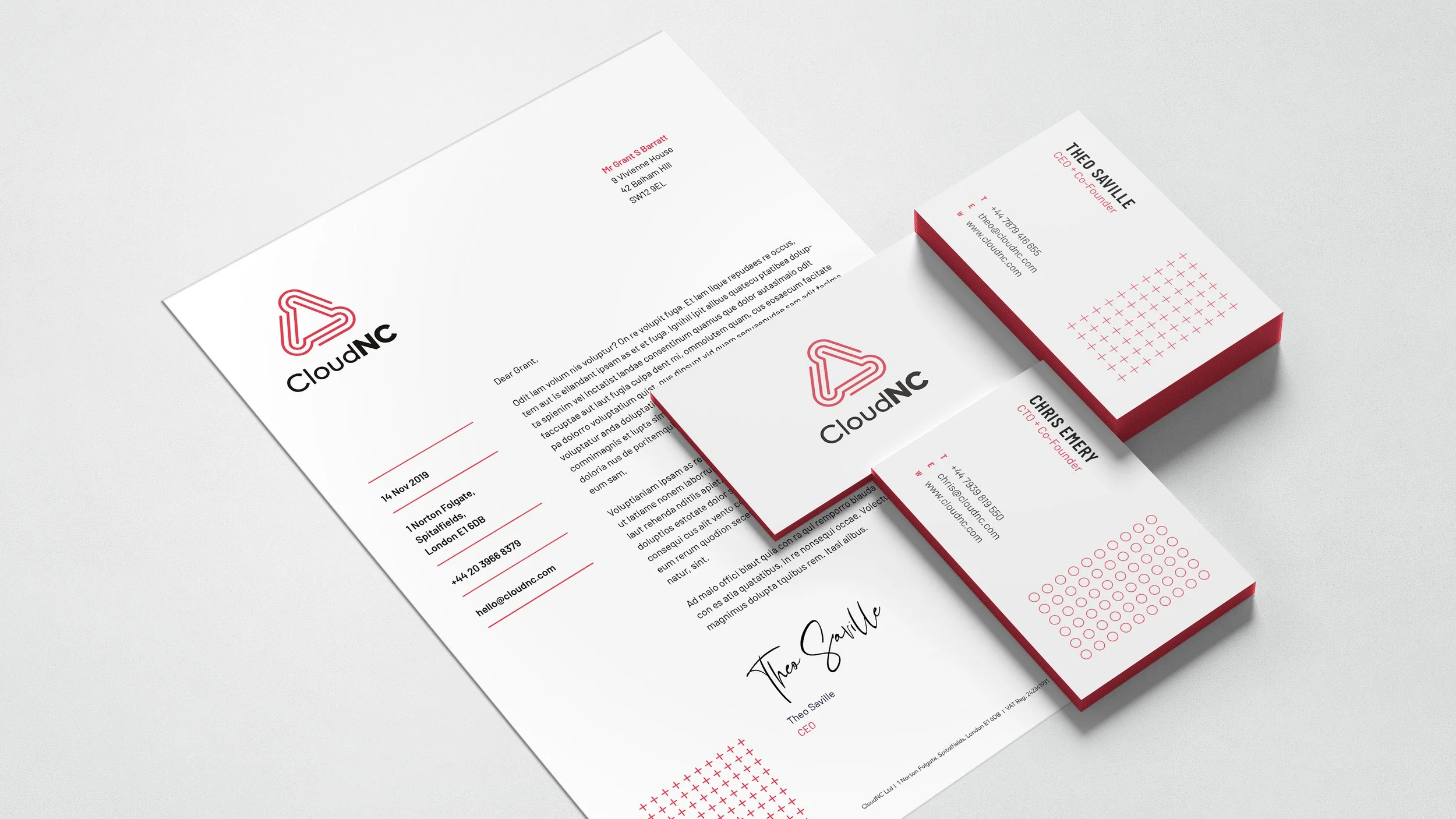 Letter and business cards from CloudNC featuring company logo and contact information, with a clean white and red design.
