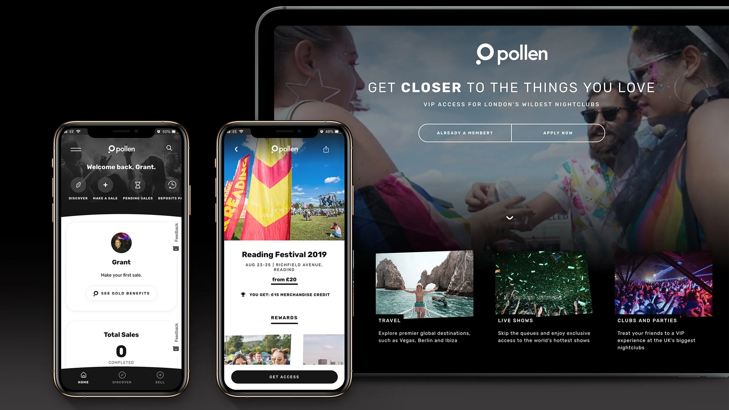 The image displays two smartphones and a laptop screen showing the Pollen app interface, highlighting event discovery, sales, and member access features for London nightlife and festivals.