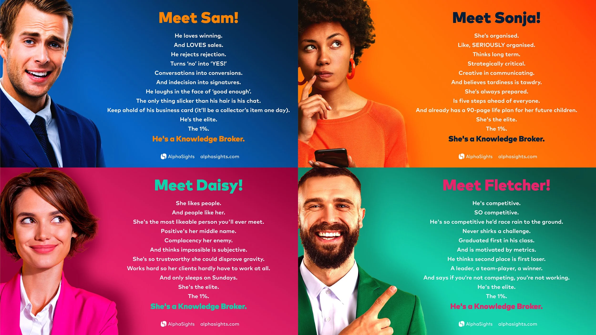 A collage of four colorful sections, each featuring a person and a description. Top left shows a man in a blue suit with the text 'Meet Sam! He loves winning and sales... He's a Knowledge Broker.' Top right has a woman in an orange shirt with the text 'Meet Sonja! She's organized... She's a Knowledge Broker.' Bottom left features a woman in pink with the text 'Meet Daisy! She likes people... She's a Knowledge Broker.' Bottom right displays a man in a green suit with the text 'Meet Fletcher! He's competitive... He's a Knowledge Broker.'