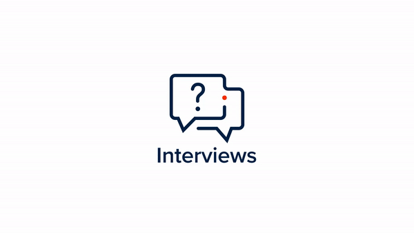 Icon of two speech bubbles, one with a question mark, and the word 'Interviews' underneath.
