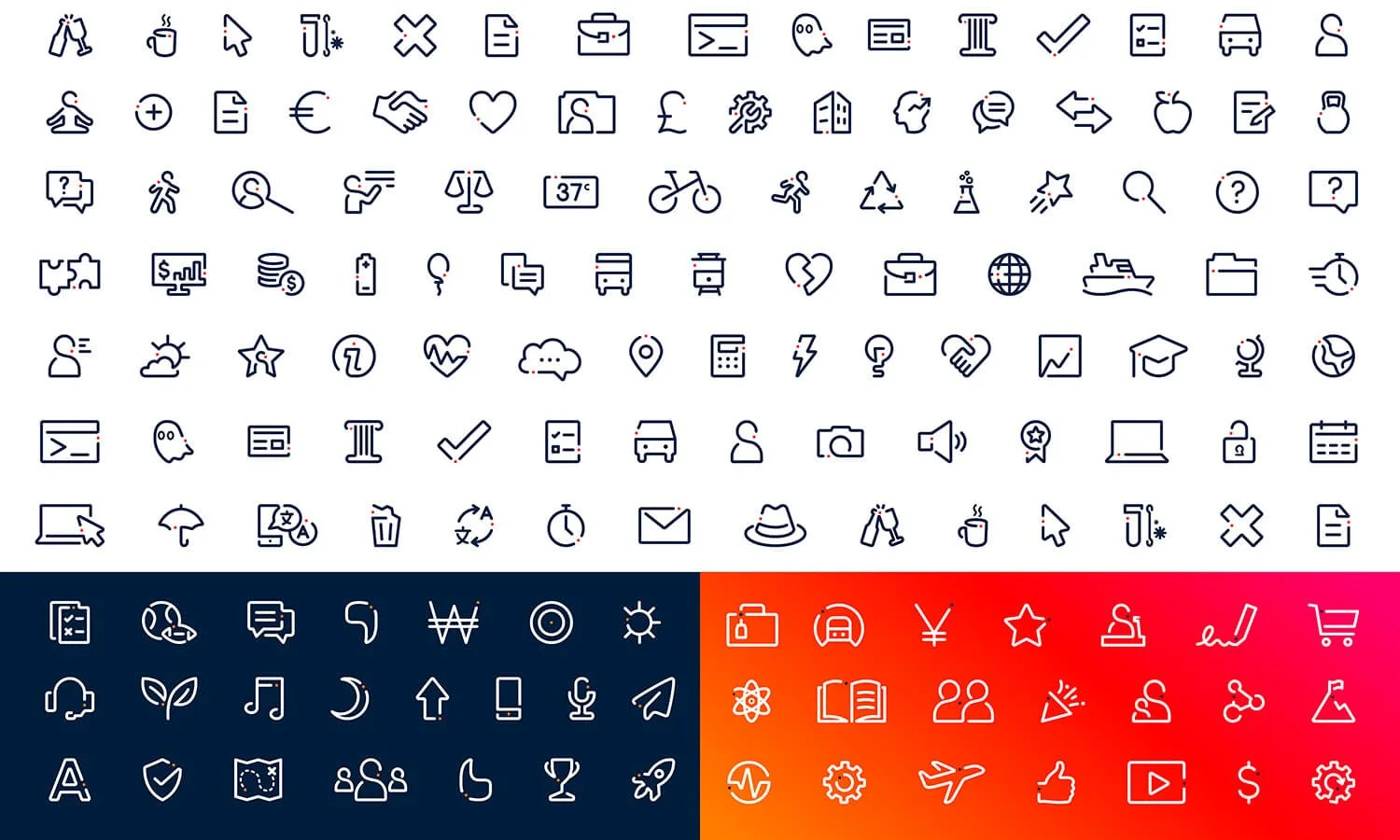 A collection of various line art icons representing different concepts such as health, technology, communication, business, and leisure, organized in a grid pattern with sections in black, orange, and red backgrounds.
