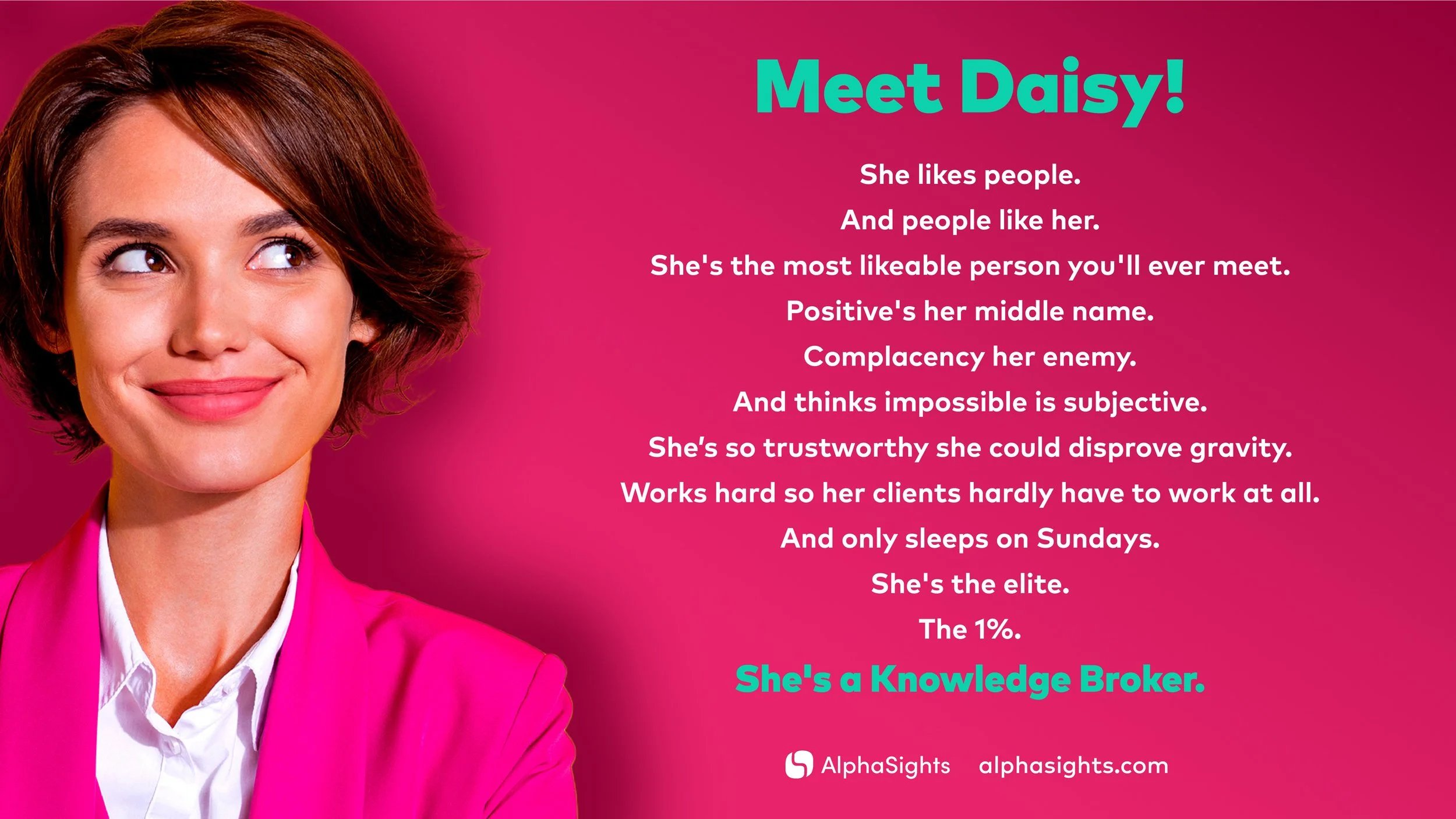 A woman with short brown hair, wearing a pink blazer and white shirt, smiling against a pink background. Text on the right introduces her as Daisy, a knowledge broker, with a poem about her qualities and professionalism.