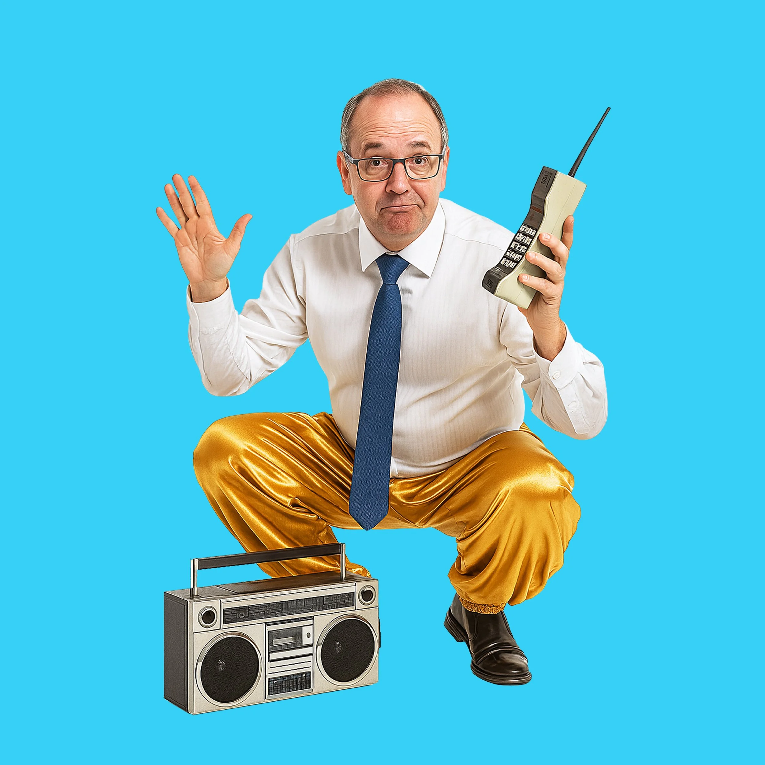 An IT manager character in MC Hammer gold pants and a white shirt, holding a retro brick phone and boombox, from Coro's irreverent 'Cybersecurity Made Easy' digital ad campaign.