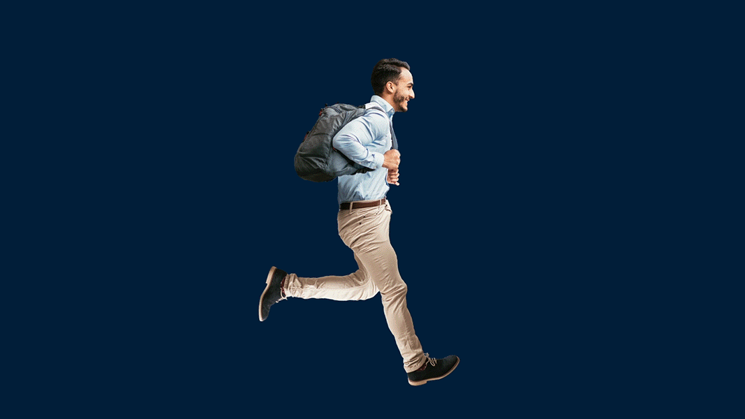 A man with a backpack jogging against a dark blue background.