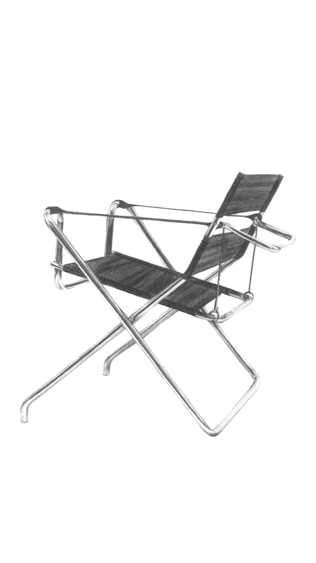 Black and white illustration of a folding lawn chair with a metal frame and fabric seat and backrest.