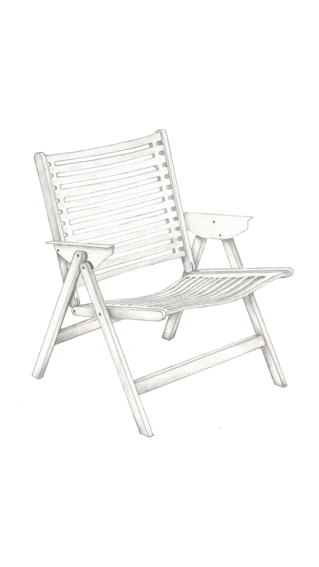 A black and white sketch of a wooden outdoor lounge chair with armrests and a slatted back and seat.