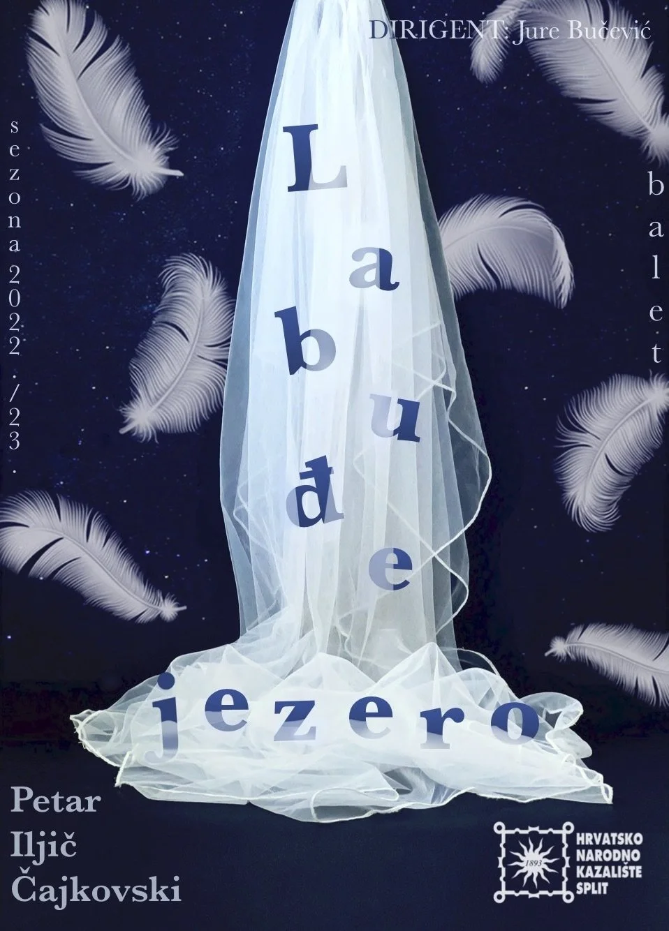 Book cover titled 'Labudeje zero' by Petar Iljić Čajkovski, with white feathers and a semi-transparent white cloth against a dark blue background with stars.