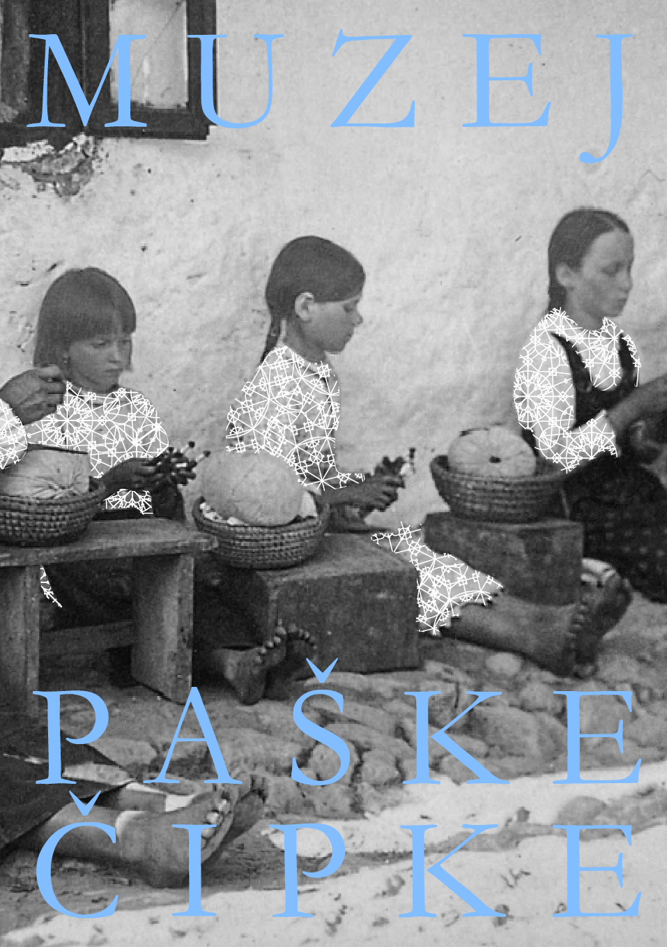 Three children sitting on a wooden bench outdoors, holding and examining traditional decorated eggs, with large blue text reading 'MUZEJ PAŠKE ČIPKE' overlaid.