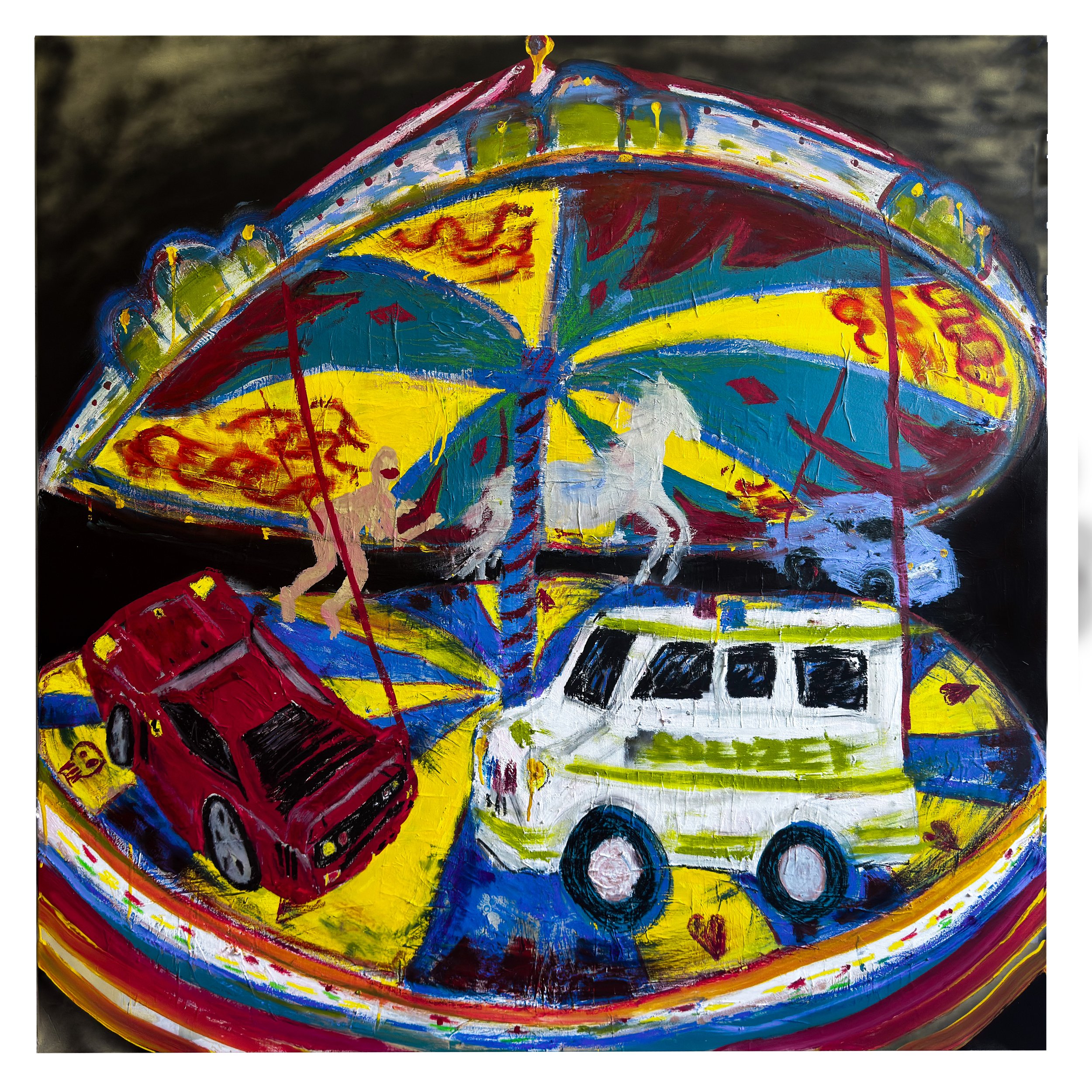 Hop in a 'Rari, 2025. Mixed media on canvas -- 140 x 140 cm / 54 x 54 in.