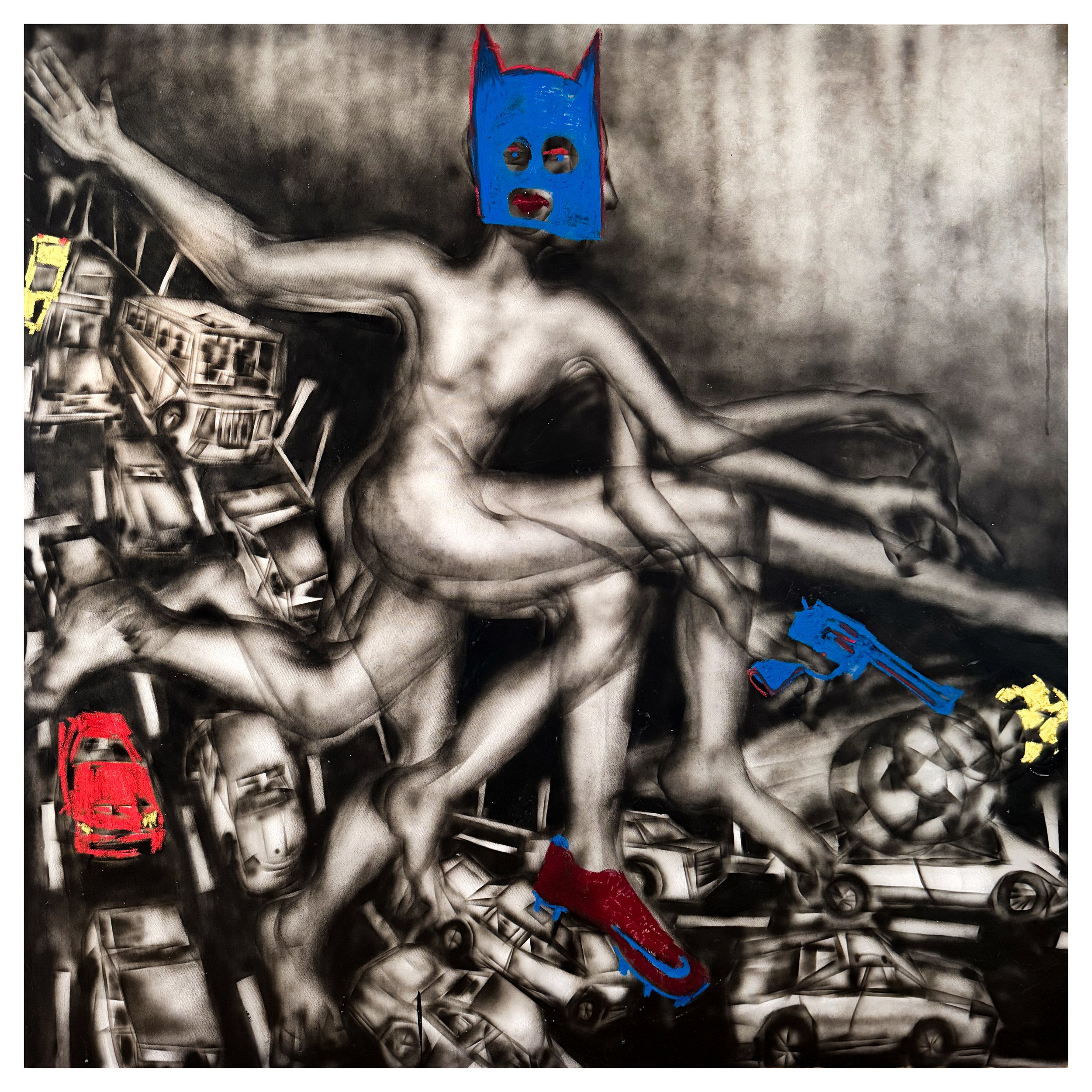 Velocita 5PM, 2025. Airbrush and oil pastel on canvas -- 140 x 140 cm / 54 x 54 in.