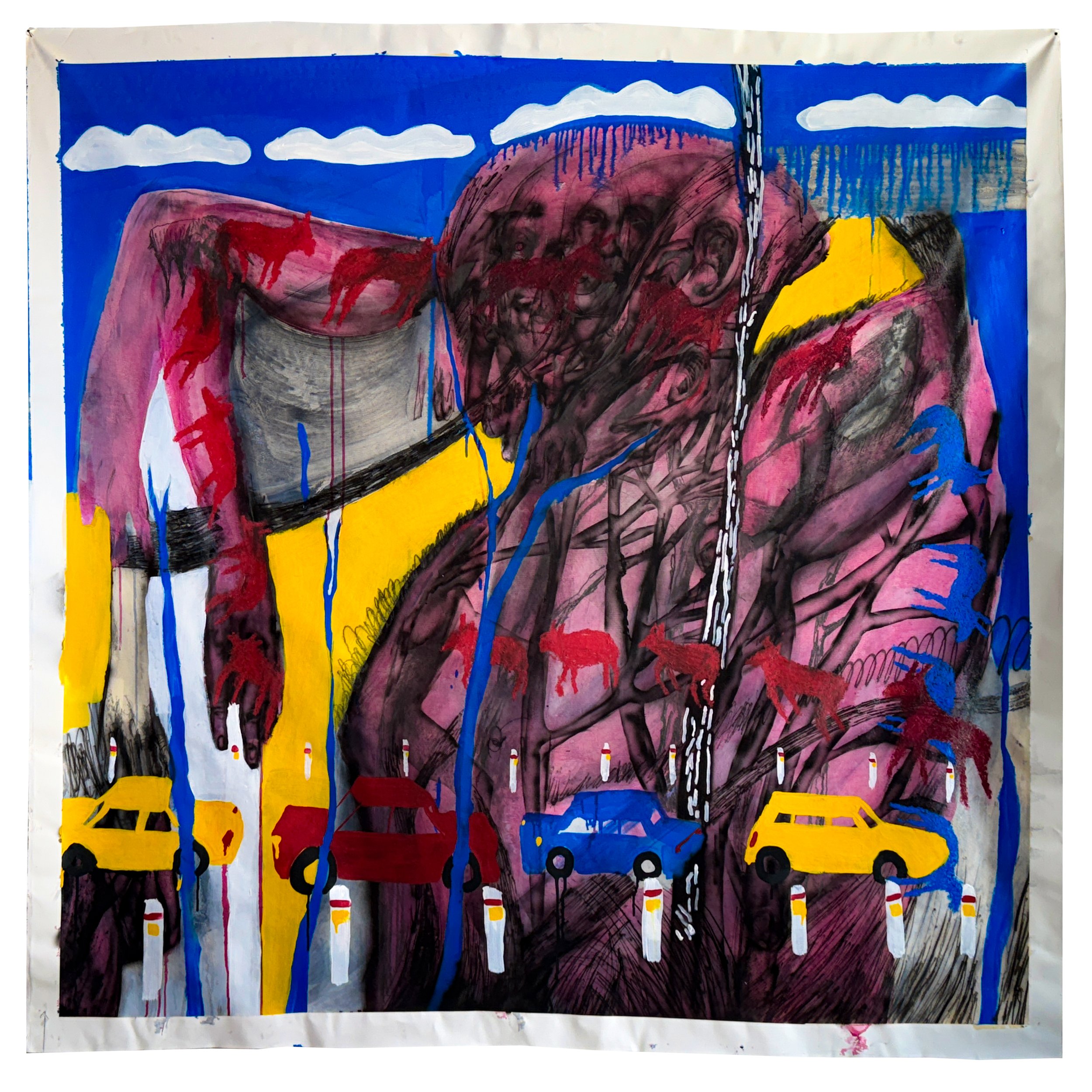 Jammed, 2025. Mixed media on canvas -- 140 x 140 cm / 55 x 55 in.