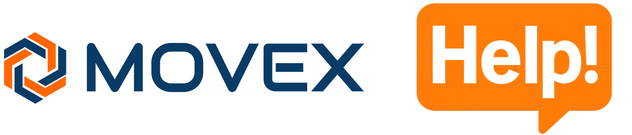 Logotyp för MOVEX med en orange pratbubbla som säger "Help!".