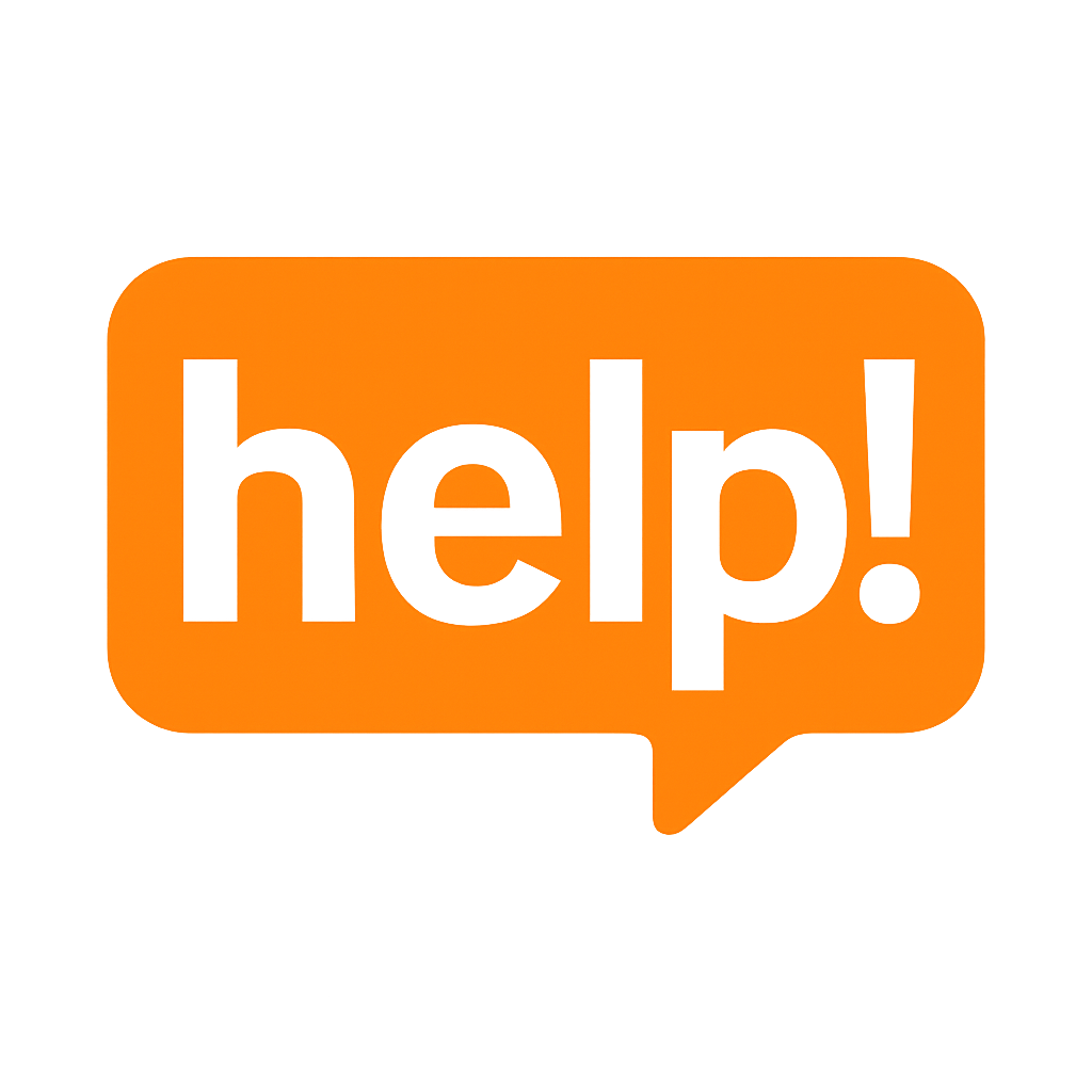 En orange pratbubbla med texten 'help!' i svart.