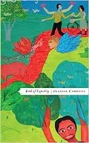 A colorful artistic illustration featuring a woman holding a red parrot, greenery, and a person in the background with trees and birds, inspired by the book cover of 'Lindsey of Opulence' by Deborah Campbell.