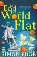 Book cover for 'The End of the World is Flat' by Simon Edge, featuring a statue, orange spheres, and a cloudy sky with blue background.