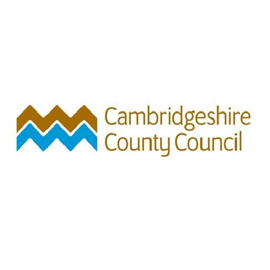 Logo of Cambridgeshire County Council with stylized blue and brown wave patterns.