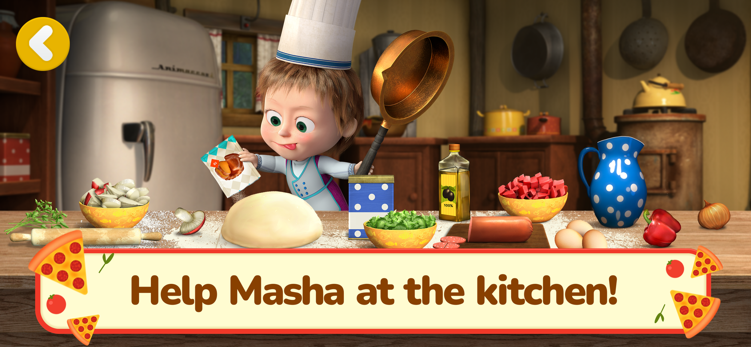 Animated character in chef hat preparing food in a kitchen with ingredients like dough, vegetables, and spices on a table, accompanied by text "Help Masha at the kitchen!" with a pizza theme.