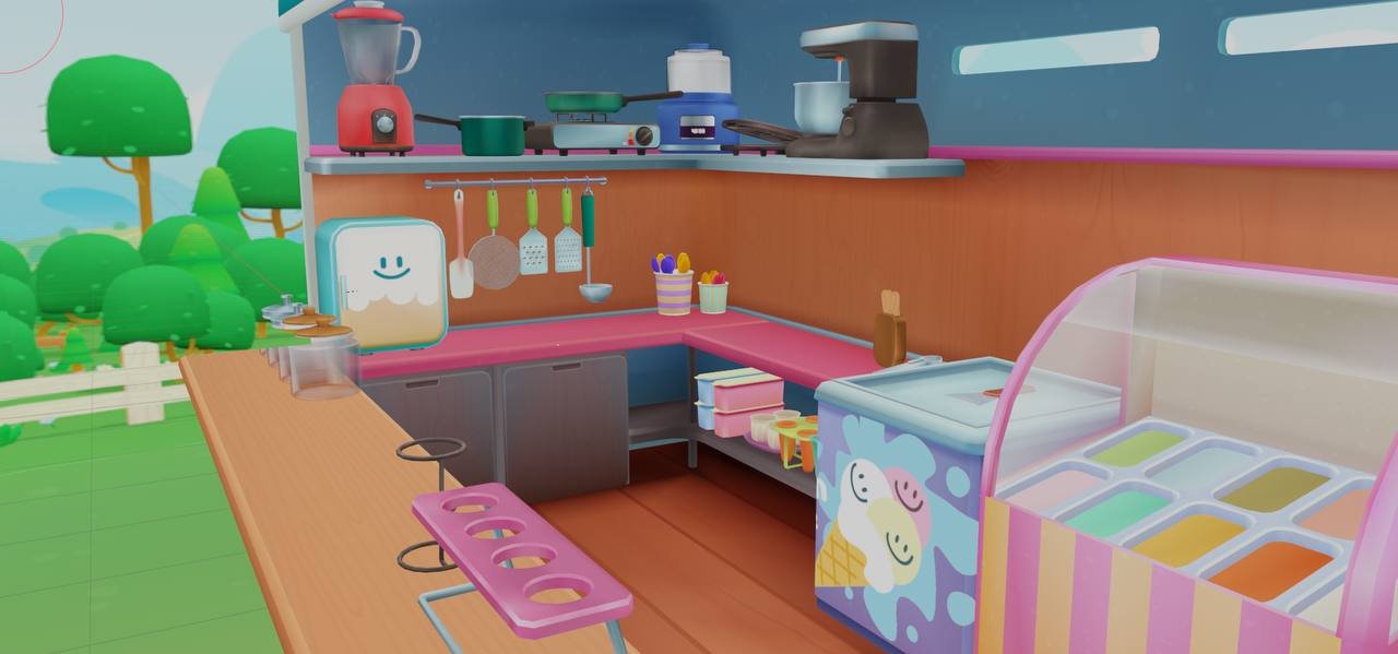 Colorful cartoon-style ice cream shop interior with counter, ice cream display, blender, coffee maker, and kitchen utensils.