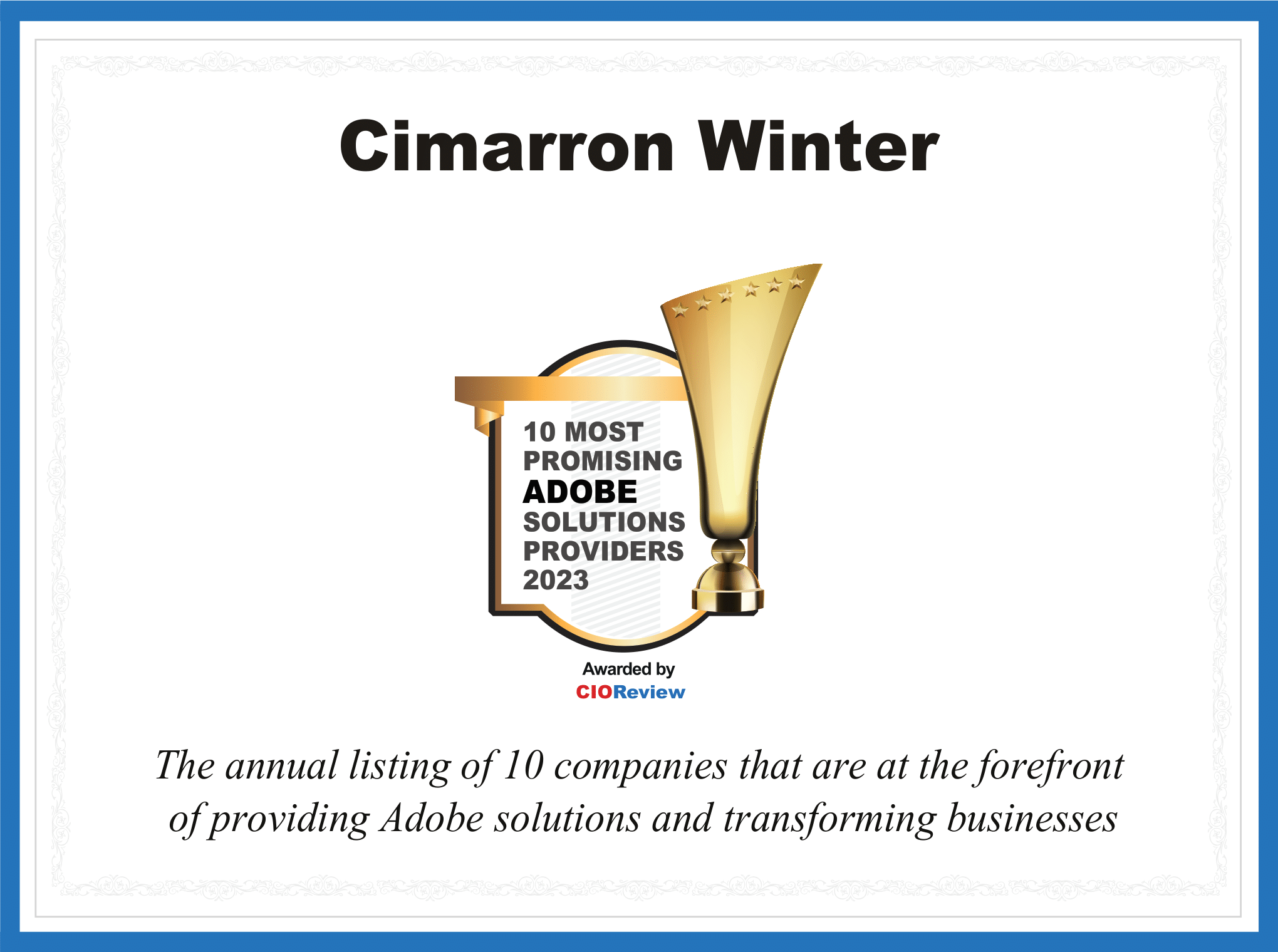 CIOReview Selects Cimarron Winter as a Top Adobe Solutions Company