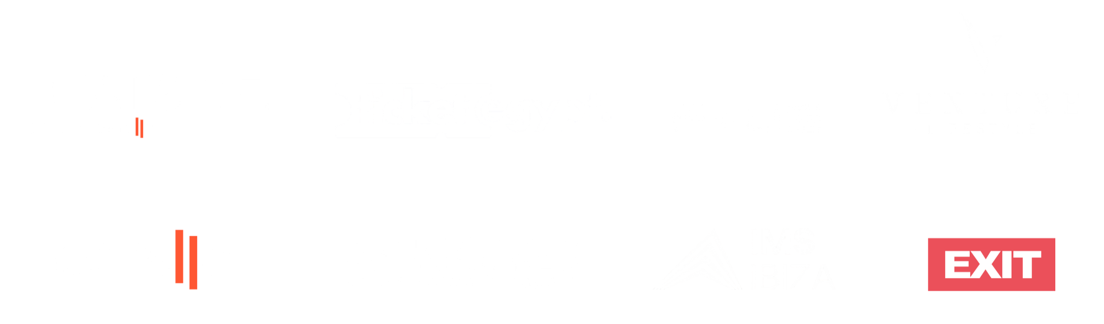 Collection of various black and white logos for different brands and events, including BEATSIDE, Ticket Egypt, P+LUS, Venture Lifestyle, Parallel, UNLOCKED, IMS IBIZA, and EXIT.