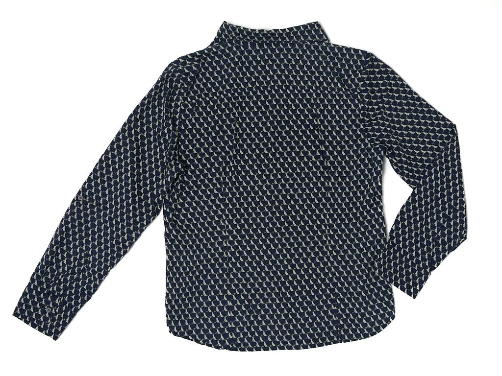 Black and white patterned long-sleeve button-up shirt