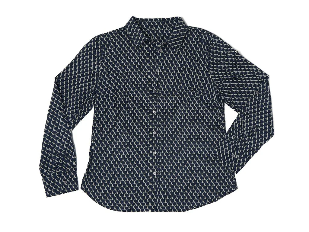 Patterned long-sleeve button-up shirt with collar, navy blue with small geometric print.