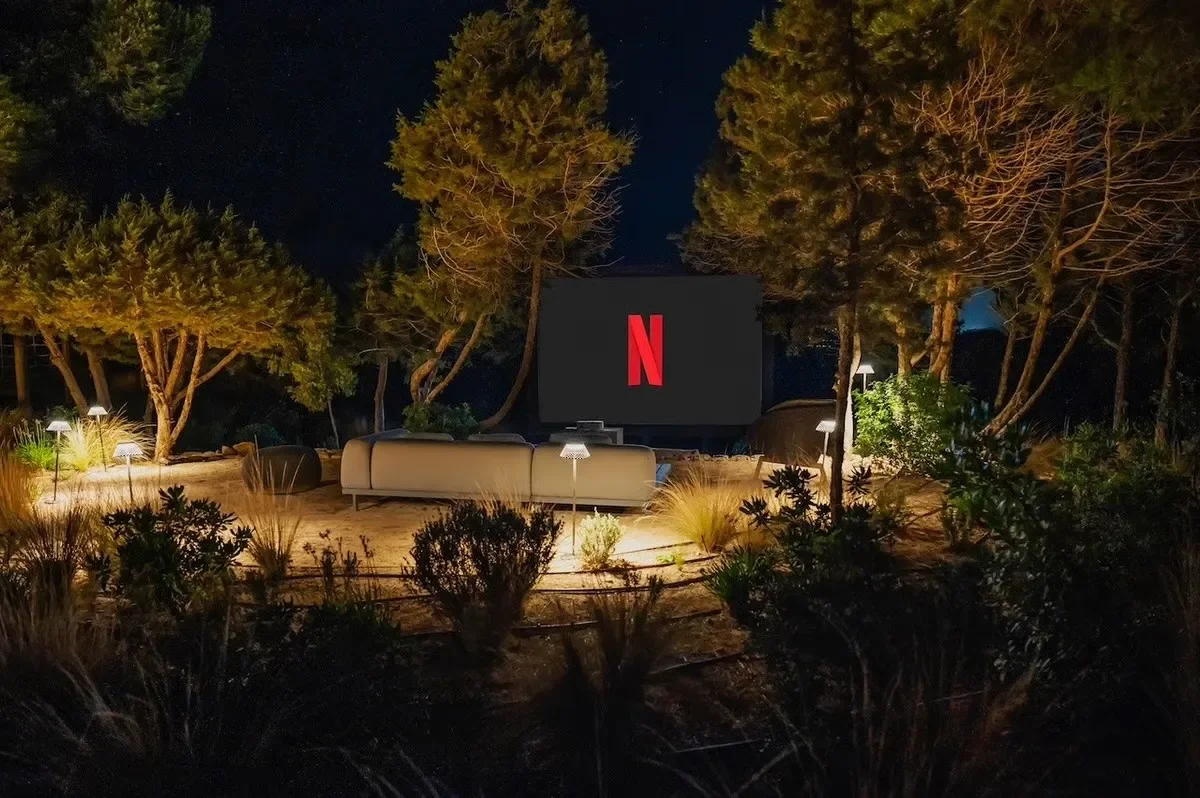 image of the outdoor entertainment area with a giant screen at the Cala Bassa luxury villla in Saint Josep, Ibiza