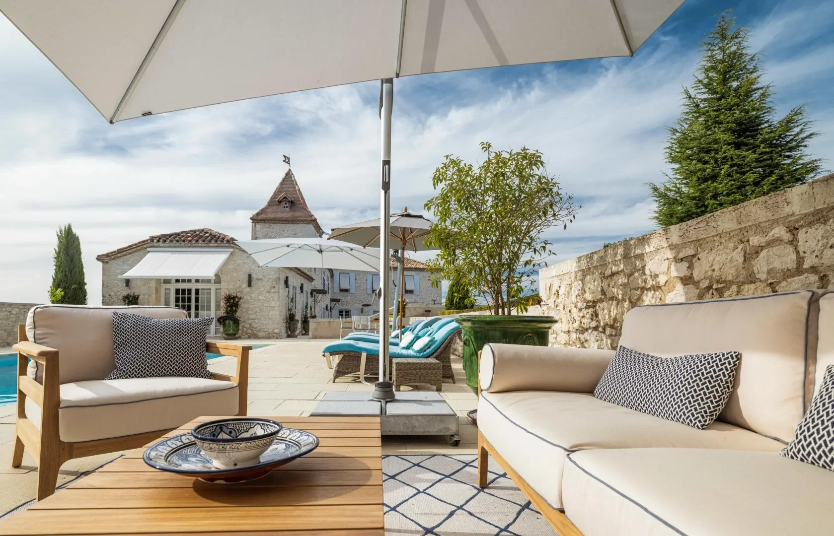 Pool terrace in villa in Roquecor, Occitanie, France