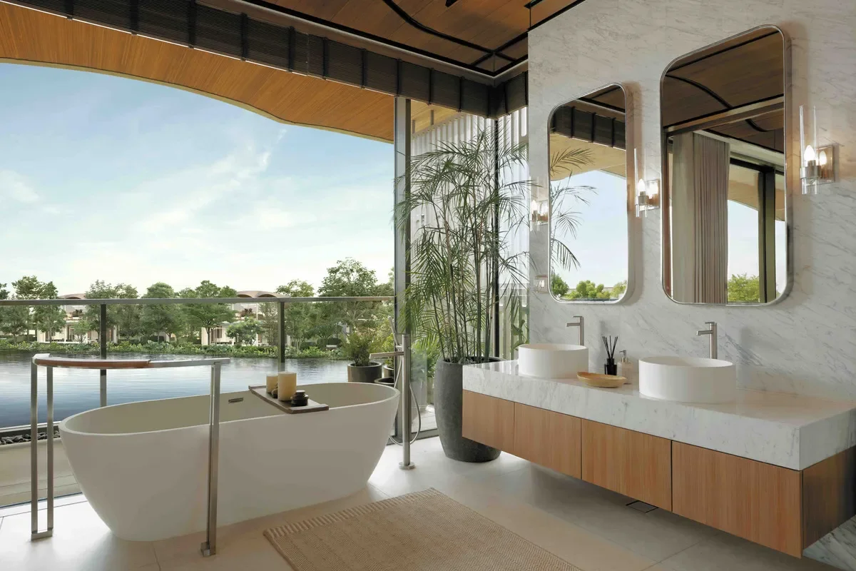 image of the bathroom with the lakeside view