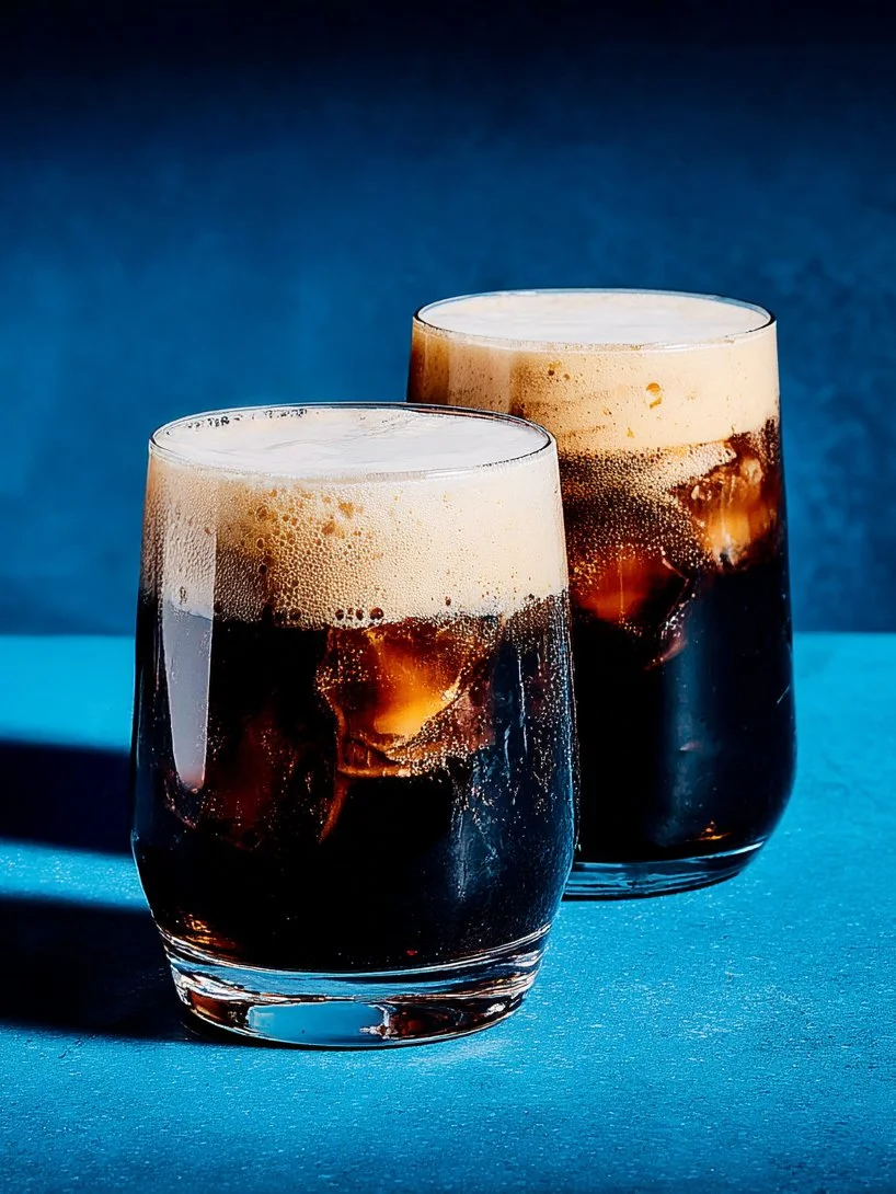 Crisp cola against cool blue.